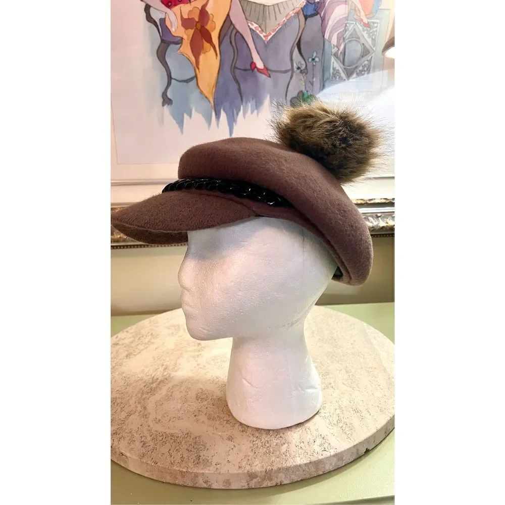 Vintage Handmade Faux Fur Pom Pom Wool‎ Brown Hat Women’s Newsboy Cabbie